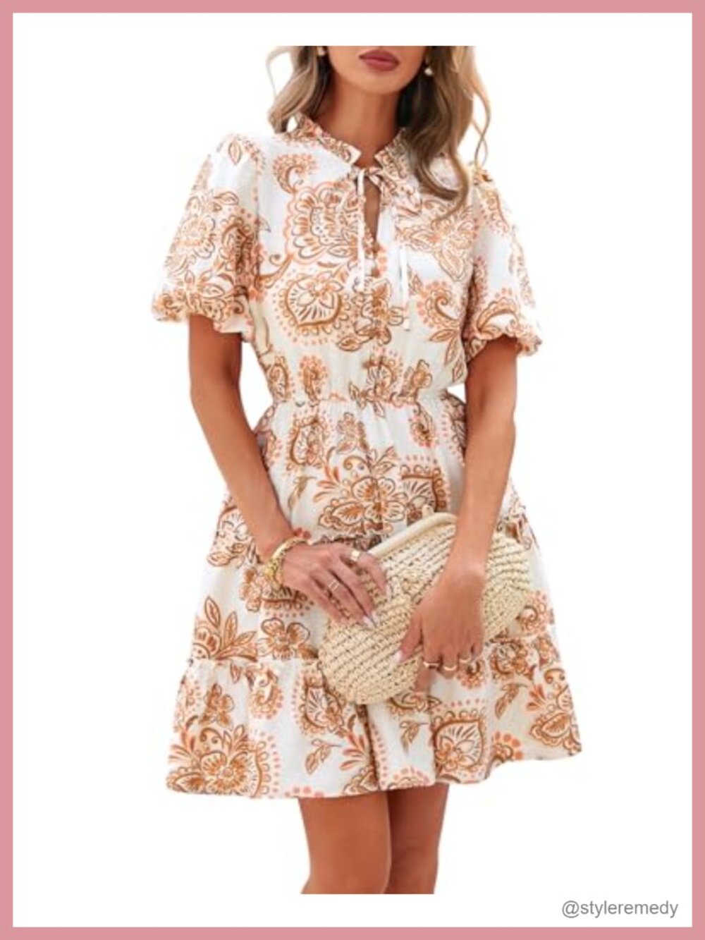 BTFBM Women's Floral Boho Mini Dress V-Neck Short Sleeve Ruffle A-Line